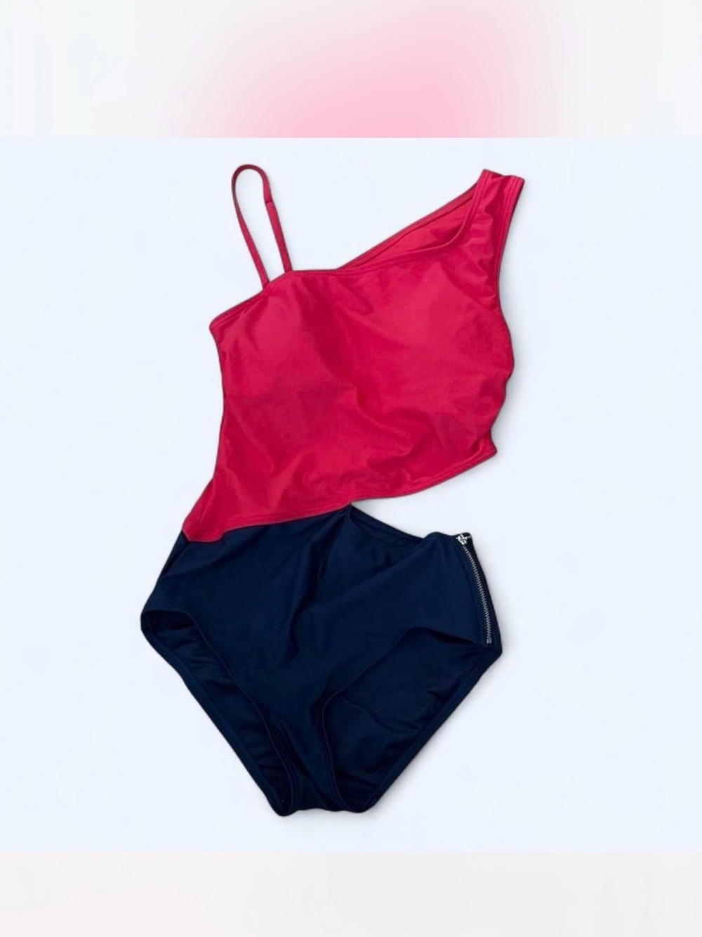 Michael Kors Asymmetric One-Shoulder Two-Tone One-Piece Swimsuit - Red & Navy